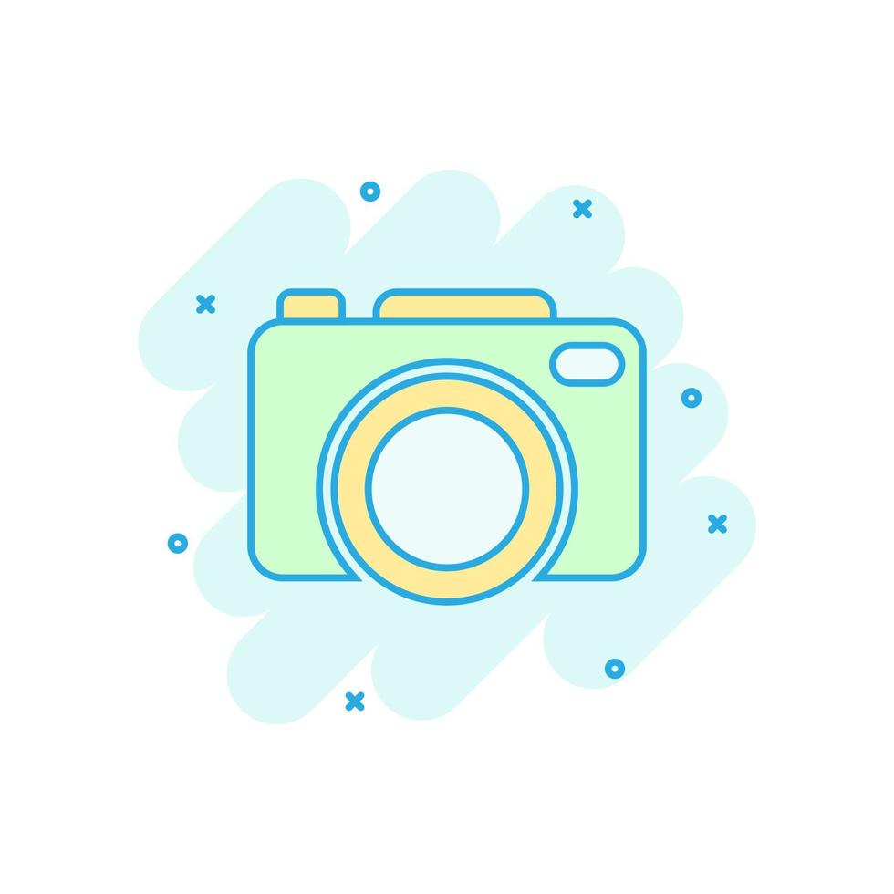 Camera device sign icon in comic style. Photography vector cartoon illustration on white isolated background. Cam equipment business concept splash effect.