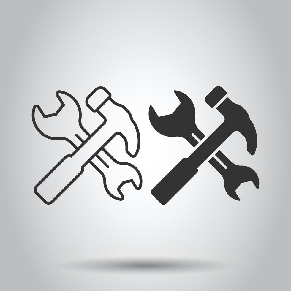 Hammer with wrench icon in flat style. Work instrument vector illustration on white isolated background. Repair equipment business concept.