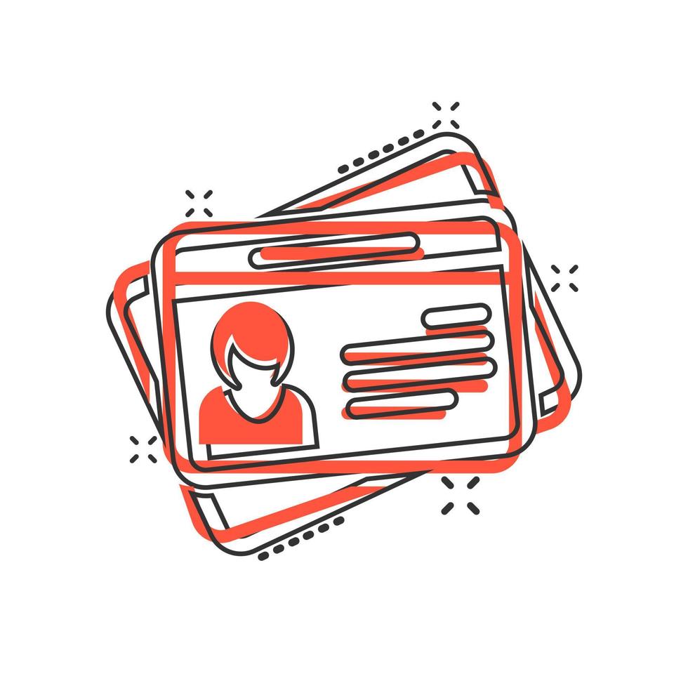 Id card icon in comic style. Identity tag vector cartoon illustration on white isolated background. Driver licence business concept splash effect.