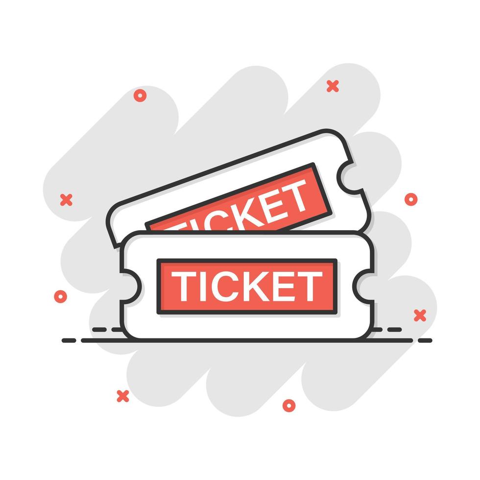 Cinema ticket icon in comic style. Admit one coupon entrance vector cartoon illustration pictogram. Ticket business concept splash effect.