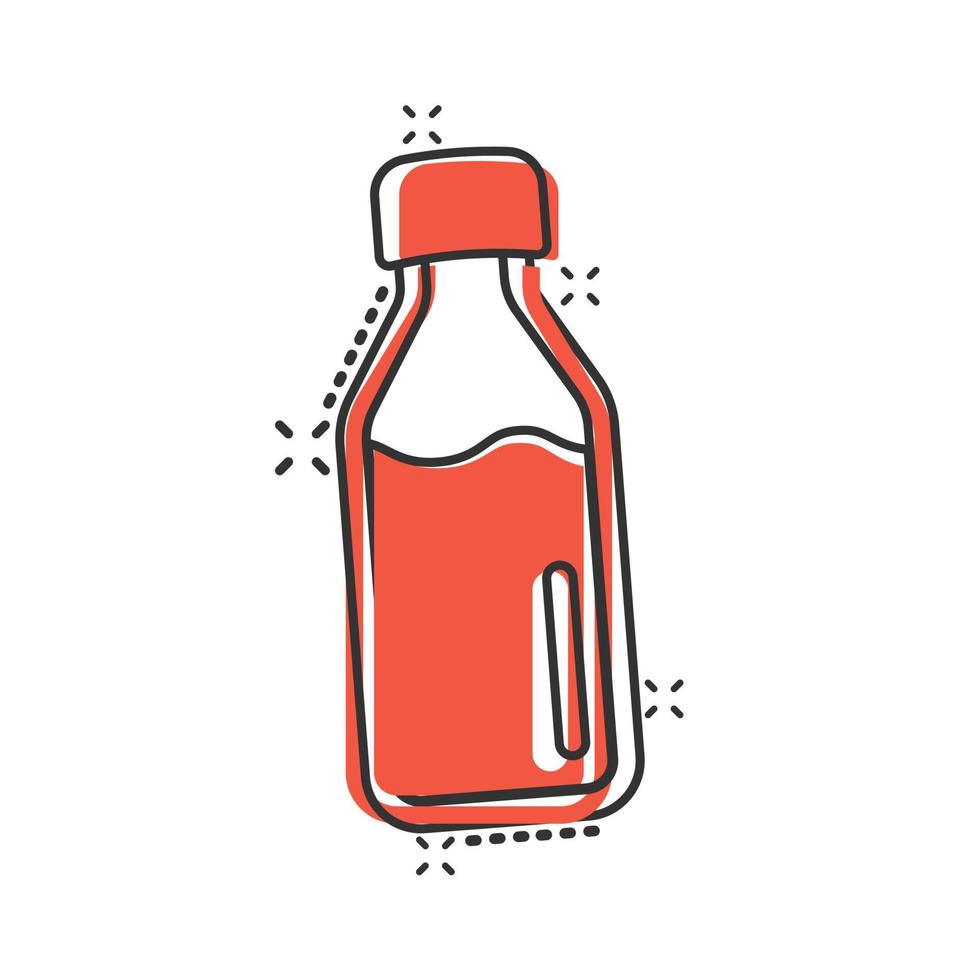 icono de botella de leche en estilo cómico. Ilustración de vector de dibujos animados de matraz sobre fondo blanco aislado. concepto de negocio de efecto de salpicadura de contenedor de bebida.