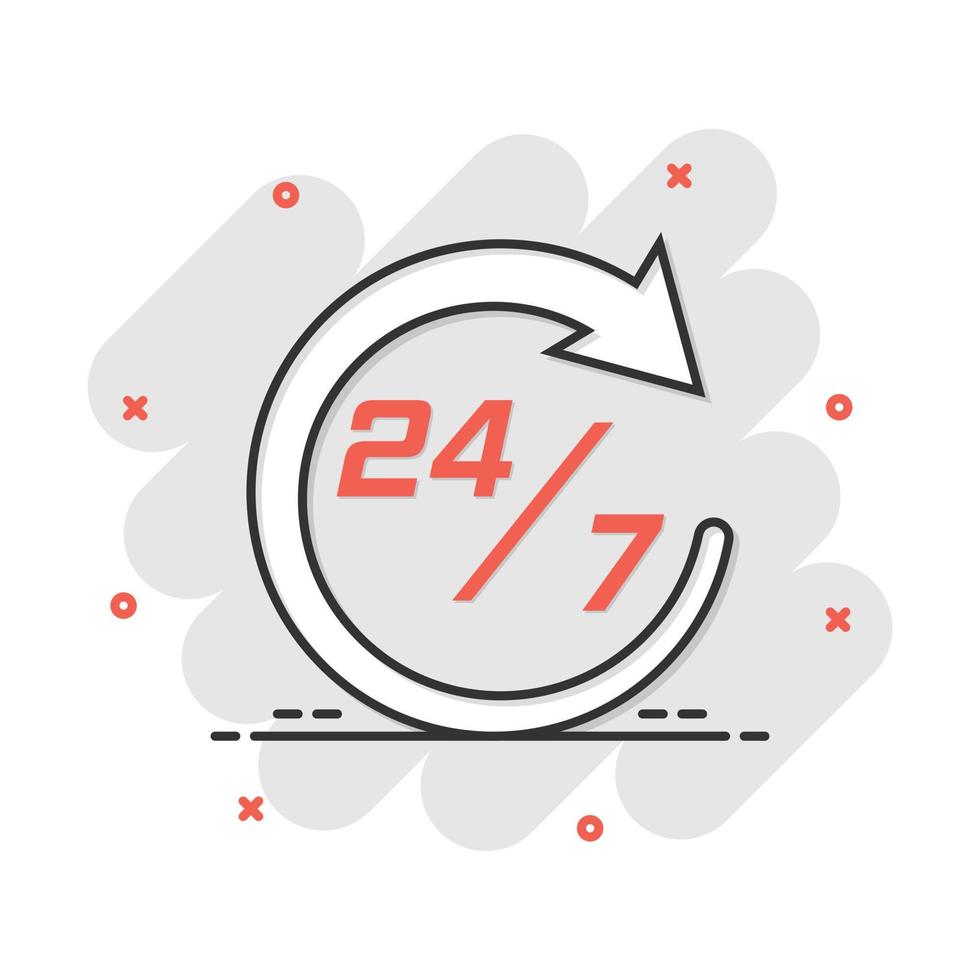 Vector cartoon twenty four hour clock icon in comic style. 24 7 service time concept illustration pictogram. Around the clock business splash effect concept.
