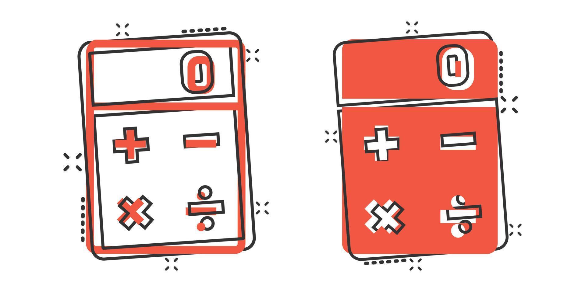 icono de calculadora en estilo cómico. calcular la ilustración vectorial de dibujos animados sobre fondo blanco aislado. concepto de negocio de efecto de salpicadura de cálculo. vector