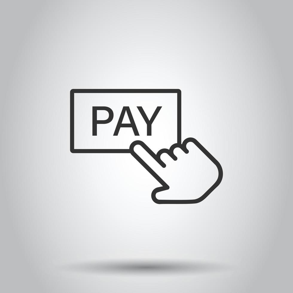 Pay shop icon in flat style. Finger cursor vector illustration on isolated background. Click button business concept.