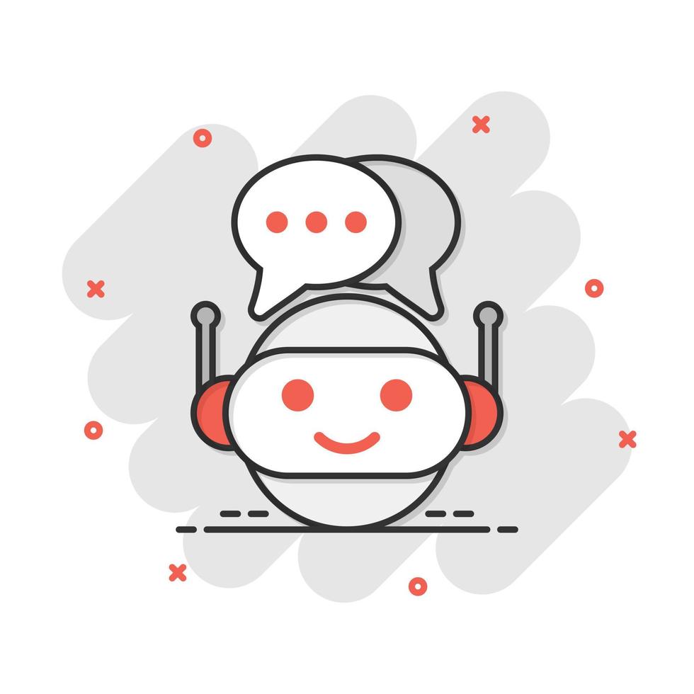 lindo icono de robot chatbot en estilo cómico. pictograma de ilustración de dibujos animados de vector de operador de bot. efecto de salpicadura de concepto de negocio de personaje de chatbot inteligente.