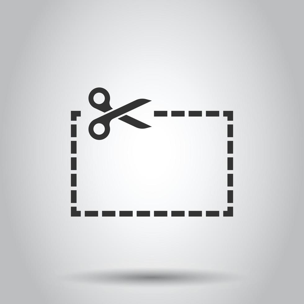 icono de líneas de corte de cupón en estilo plano. Tijeras snip signo vector ilustración sobre fondo blanco aislado. concepto de negocio de etiqueta de venta.