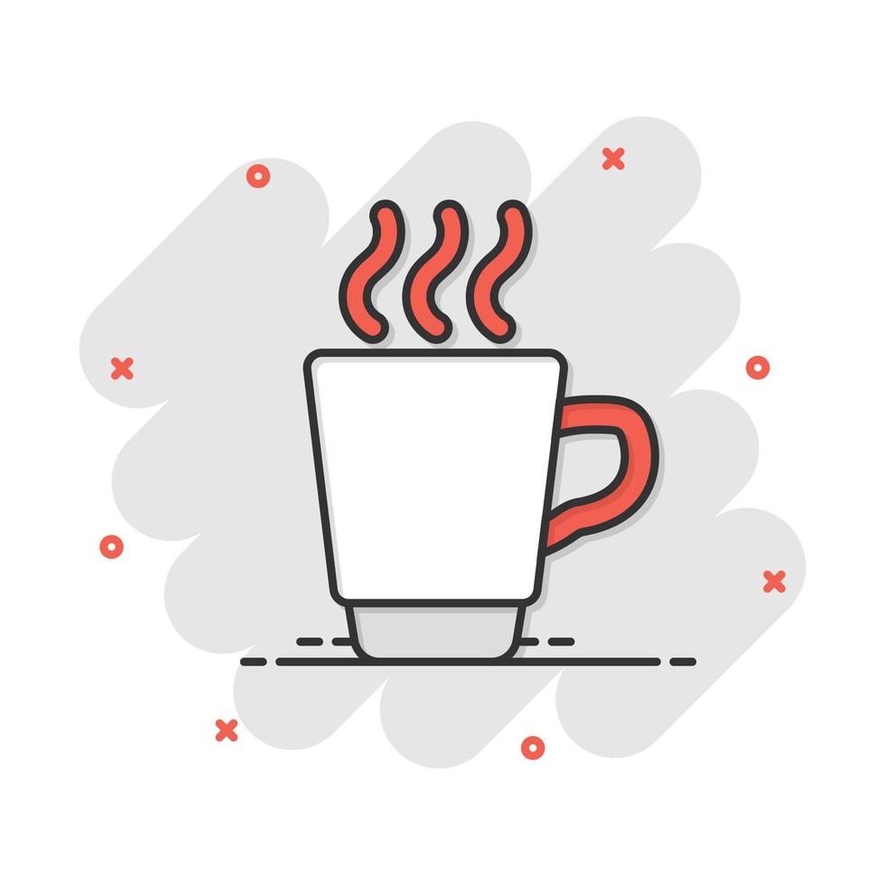 Coffee, tea cup icon in comic style. Coffee mug vector cartoon illustration pictogram. Drink business concept splash effect.