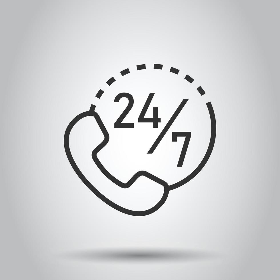 Phone service 24 7 icon in flat style. Telephone talk vector illustration on white isolated background. Hotline contact business concept.