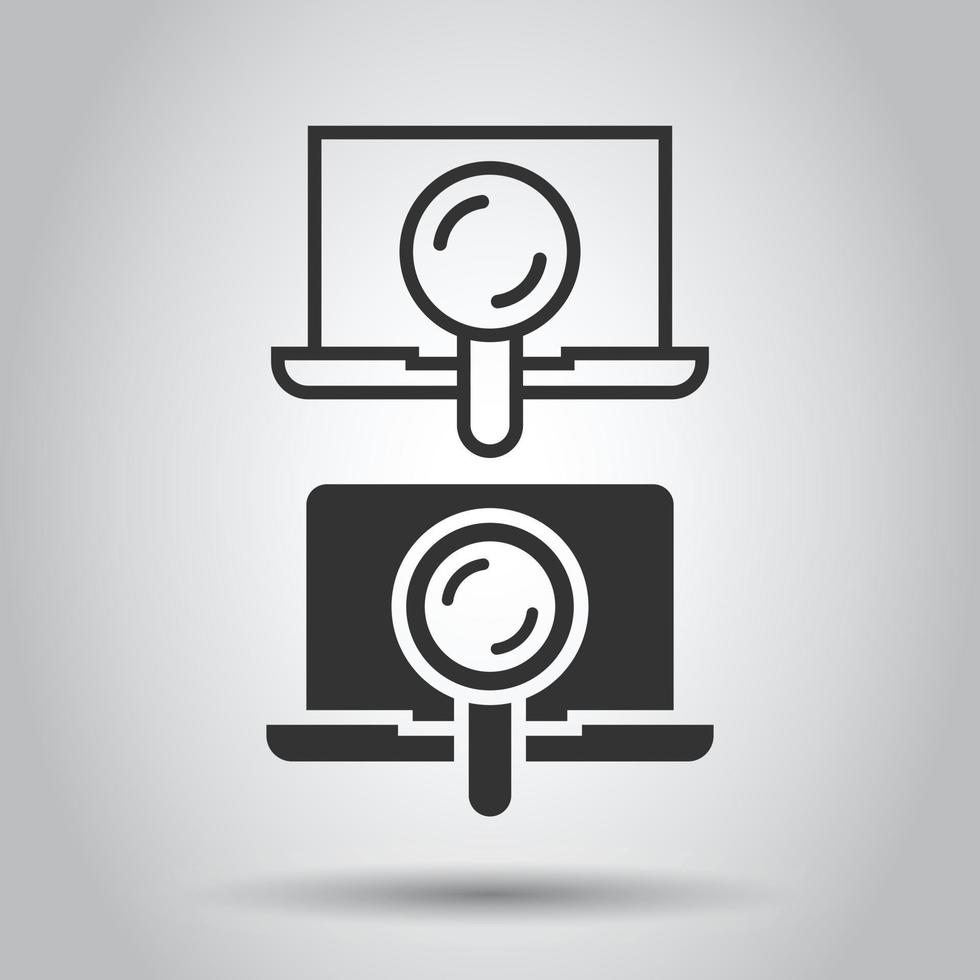 Computer search icon in flat style. Laptop with magnifying glass vector illustration on white isolated background. Device display business concept.