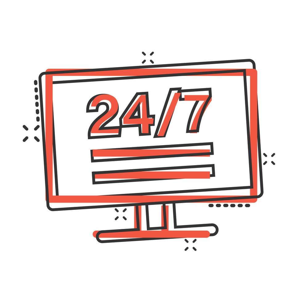 24 7 computer icon in comic style. All day service cartoon vector illustration on white isolated background. Support splash effect business concept.