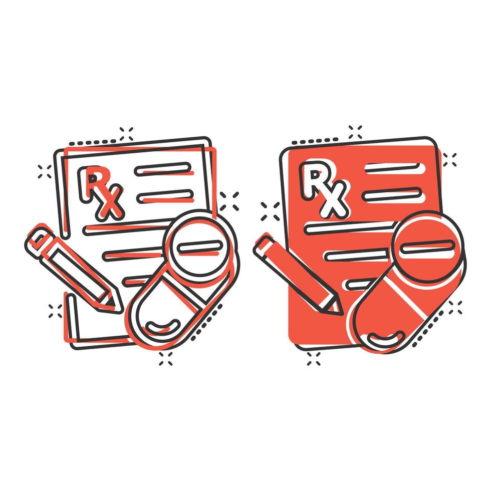 Prescription icon in comic style. Rx document cartoon vector illustration on white isolated background. Paper splash effect business concept.