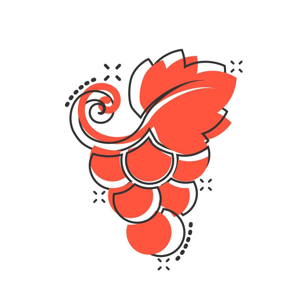 icono de signo de frutas de uva en estilo cómico. ilustración de dibujos animados de vector de vid sobre fondo blanco aislado. efecto de salpicadura de concepto de negocio de uvas de vino.