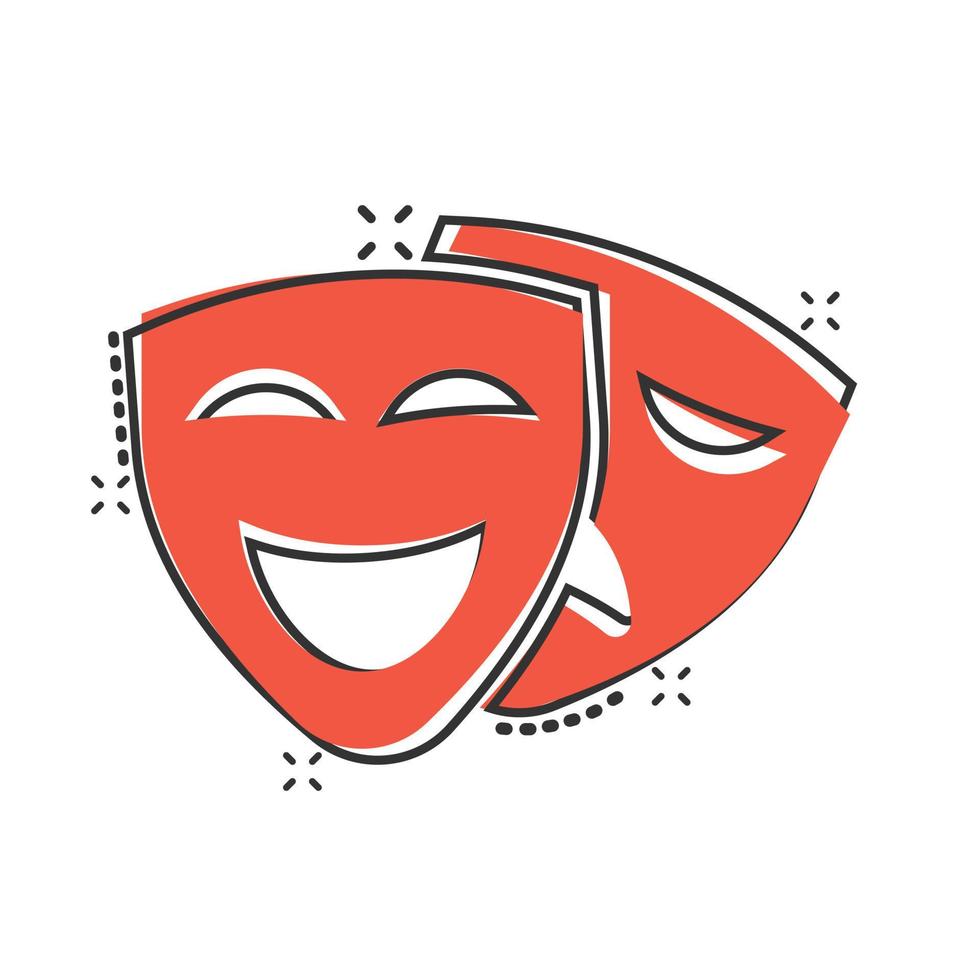 Theater mask icon in comic style. Comedy and tragedy cartoon vector illustration on white isolated background. Smile face splash effect business concept.