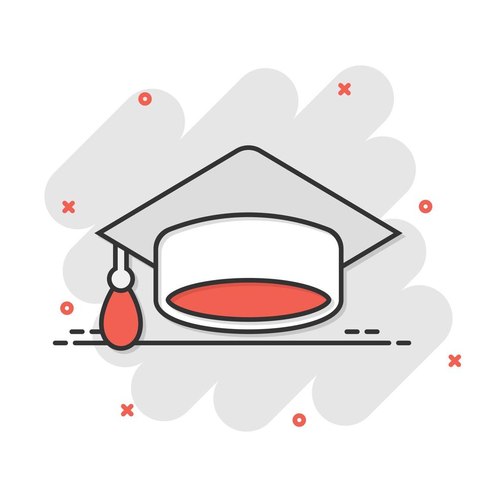 icono de gorra de graduación en estilo cómico. ilustración de dibujos animados de vector de sombrero de educación sobre fondo blanco aislado. efecto de salpicadura de concepto de negocio de licenciatura universitaria.