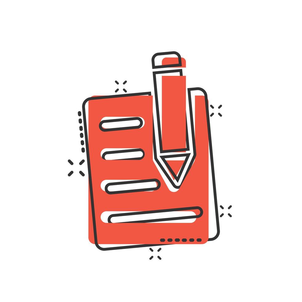 Blogging icon in comic style. Document with pen cartoon vector illustration on white isolated background. Content splash effect business concept.