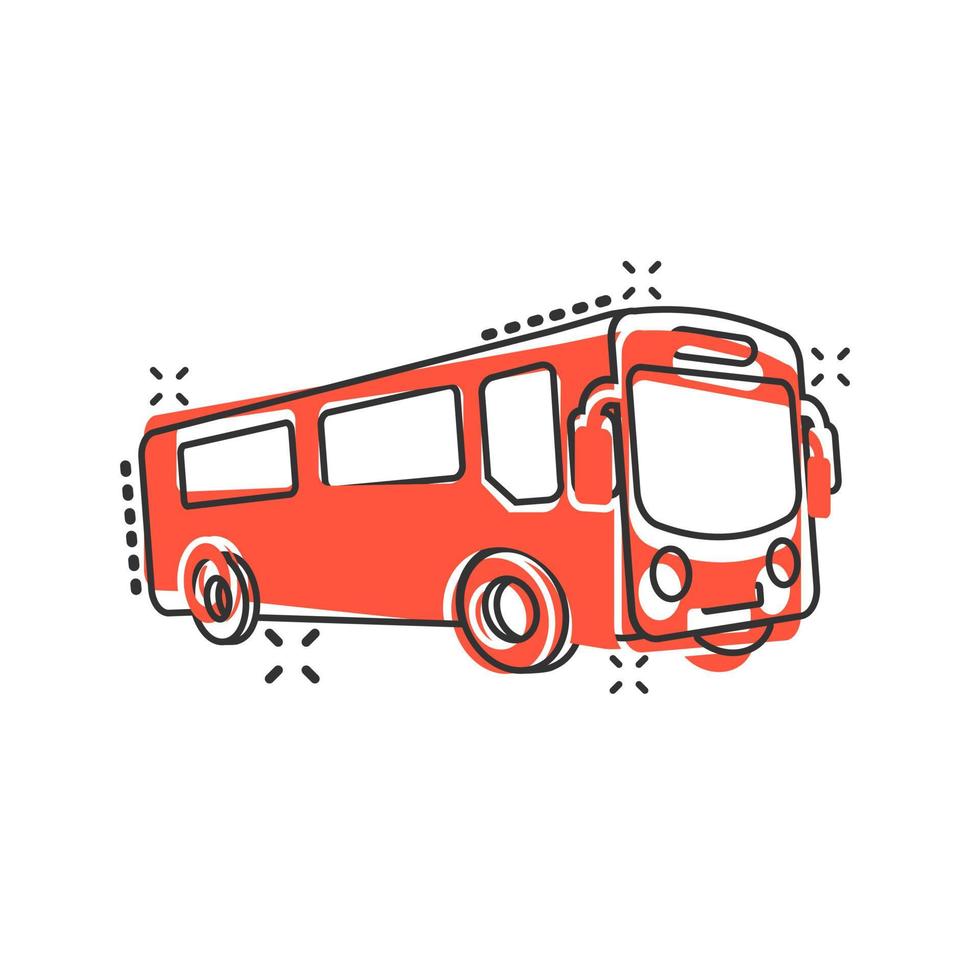 icono de autobús escolar en estilo cómico. ilustración de dibujos animados de vector de autobus sobre fondo blanco aislado. efecto de salpicadura del concepto de negocio de transporte de autocares.