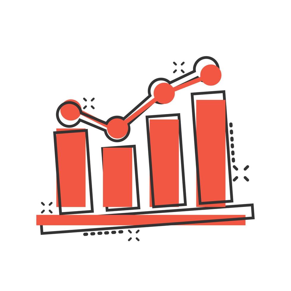 creciente icono de gráfico de barras en estilo cómico. aumentar la ilustración de vector de dibujos animados de flecha sobre fondo blanco. concepto de negocio de efecto de salpicadura de progreso infográfico.