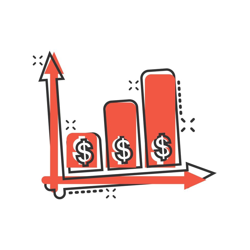 icono de crecimiento de dinero en estilo cómico. Ilustración de vector de dibujos animados de progreso de flecha sobre fondo blanco aislado. concepto de negocio de efecto de salpicadura de carrera.