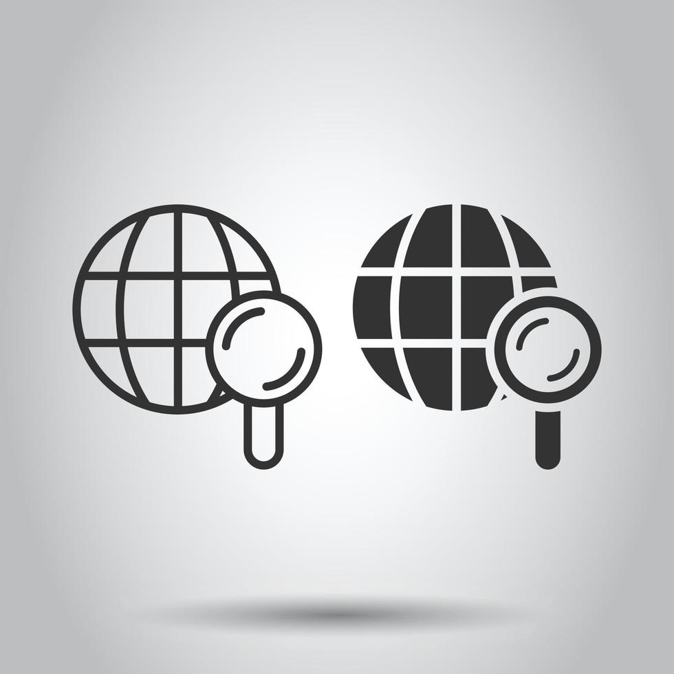 Globe search icon in flat style. Network navigation vector illustration on white isolated background. Global geography loupe business concept.