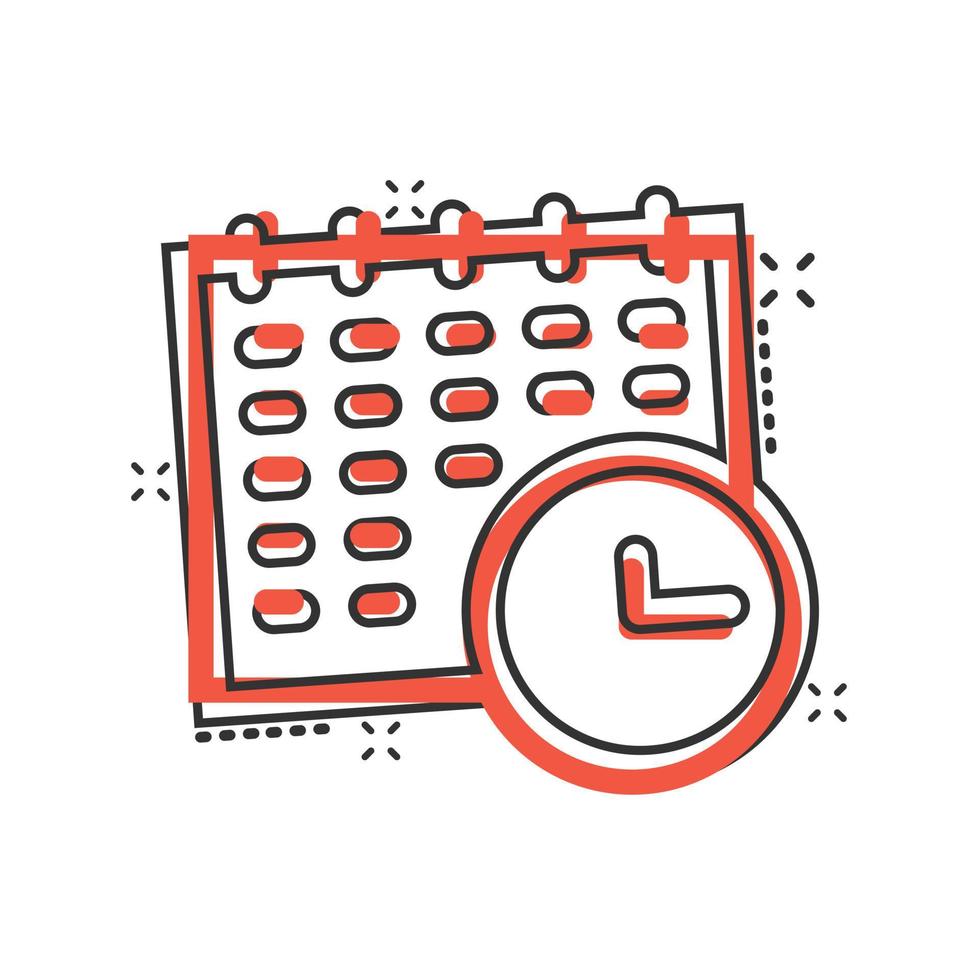 Calendar with clock icon in comic style. Agenda cartoon vector illustration on white isolated background. Schedule time planner splash effect business concept.