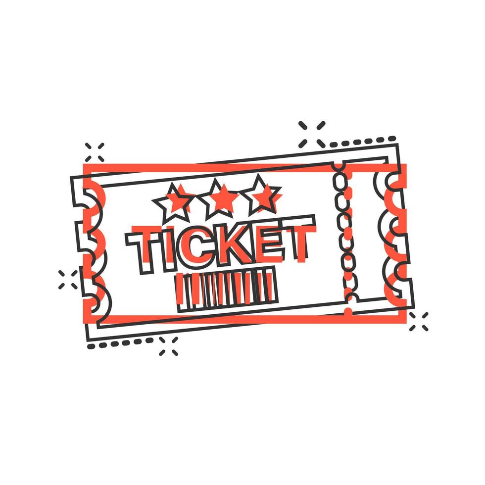 Cinema ticket icon in comic style. Admit one coupon entrance vector cartoon illustration pictogram splash effect.