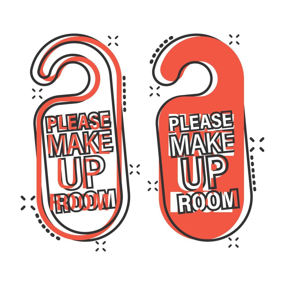 Make up room hotel sign icon in comic style. Inn cartoon vector illustration on white isolated background. Hostel clean splash effect business concept.