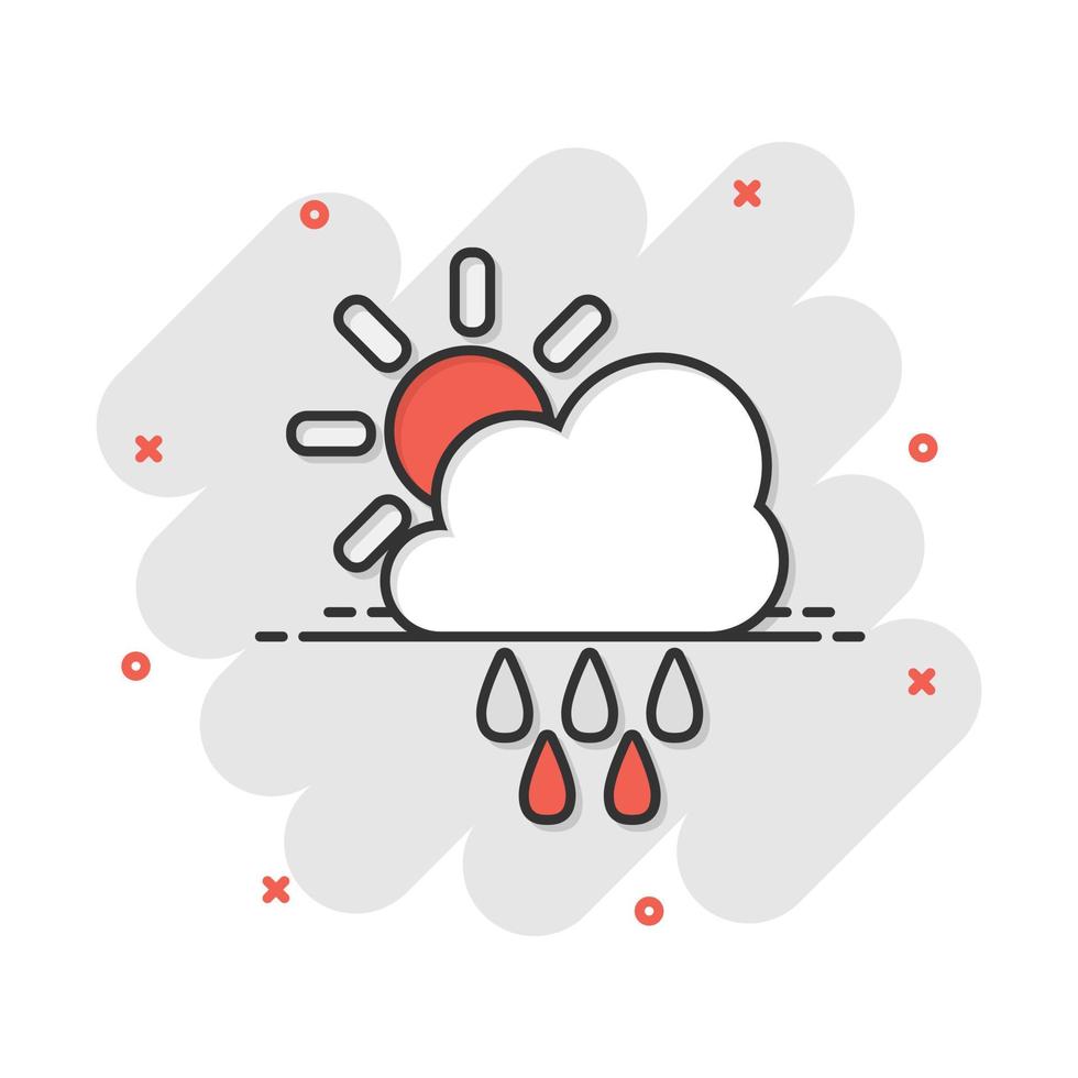 Vector cartoon weather forecast icon in comic style. Sun with clouds concept illustration pictogram. Cloud with rain business splash effect concept.
