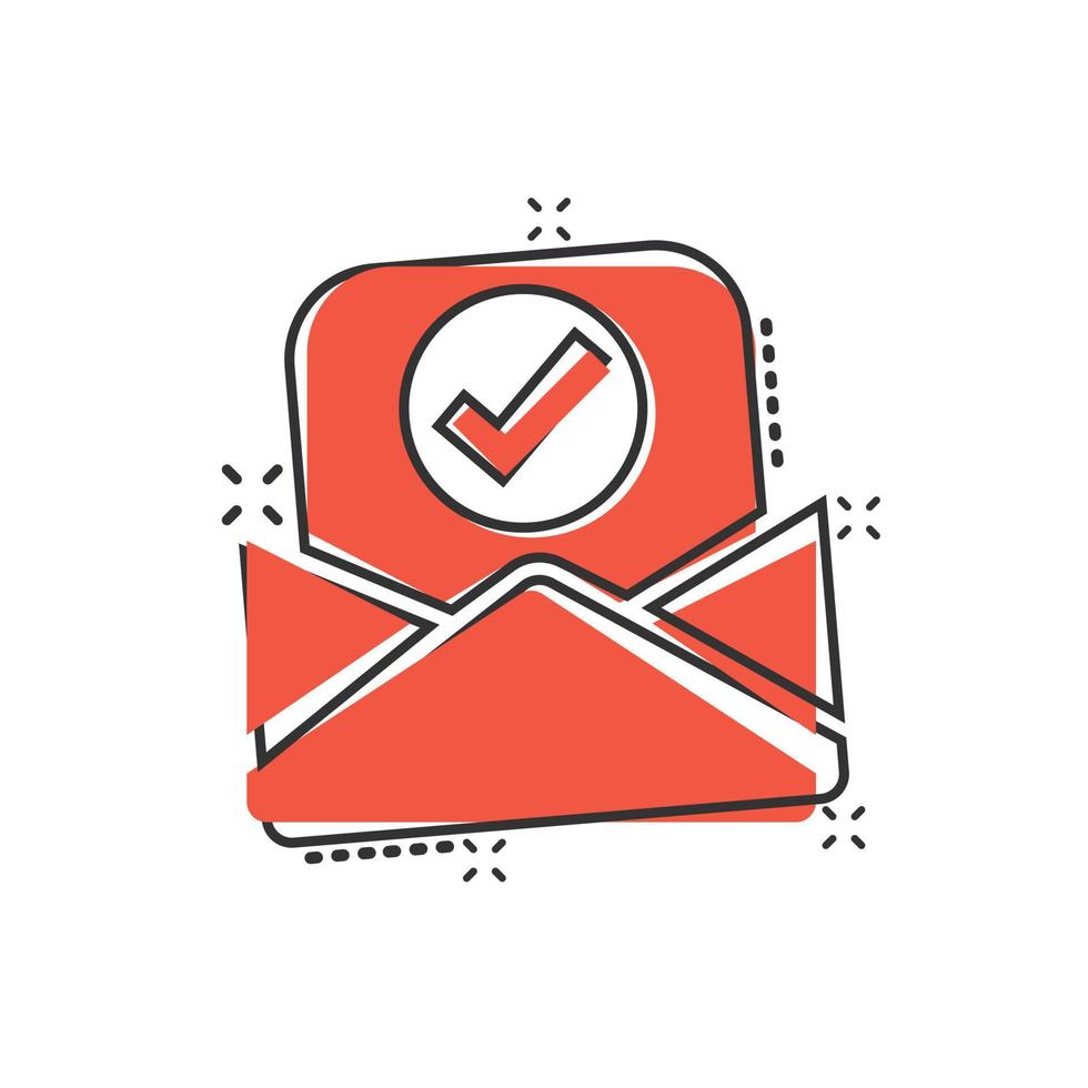 Envelope with confirmed document icon in comic style. Verify cartoon vector illustration on white isolated background. Receive splash effect business concept.