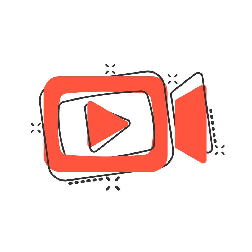 Video camera icon in comic style. Movie play vector cartoon illustration pictogram. Streaming business concept splash effect.