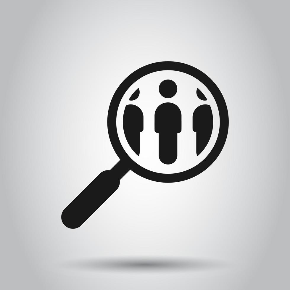 Search job vacancy icon in flat style. Loupe career vector illustration on isolated background. Find people employer business concept.