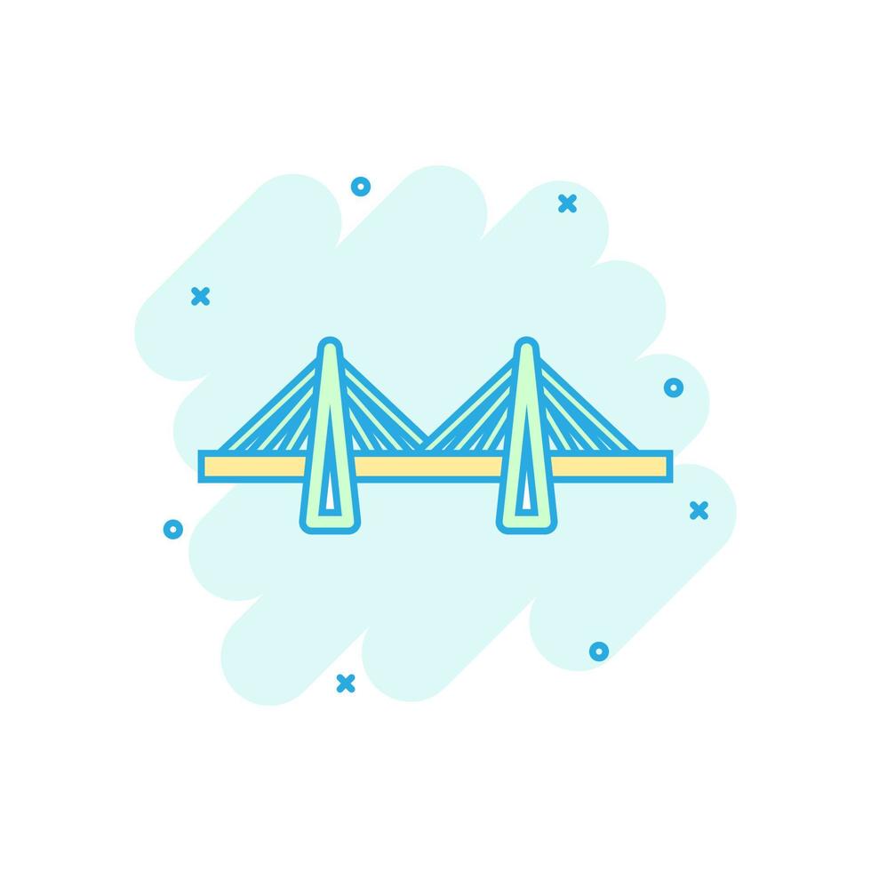 icono de signo de puente en estilo cómico. ilustración de dibujos animados de vector de puente levadizo sobre fondo blanco aislado. efecto de salpicadura de concepto de negocio de carretera.