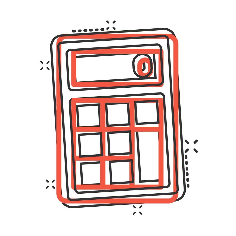 Calculator icon in comic style. Calculate cartoon vector illustration on white isolated background. Calculation splash effect business concept.