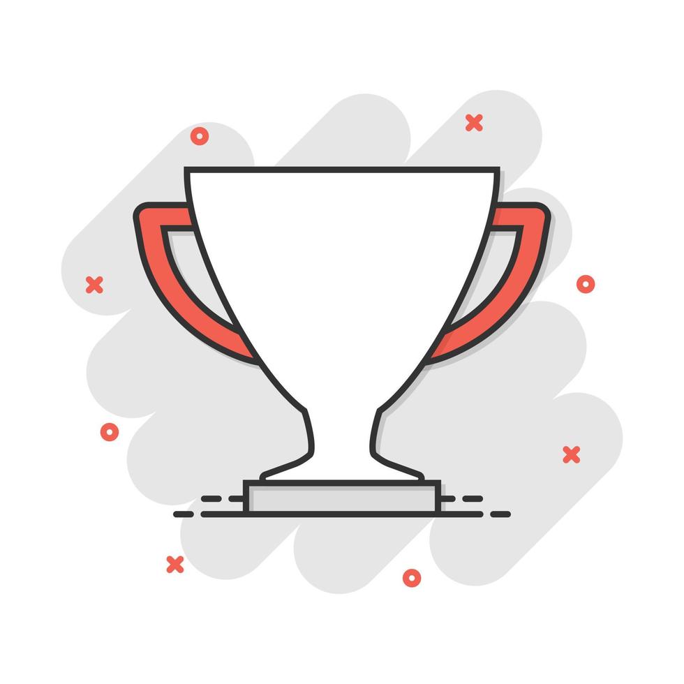 Vector cartoon trophy cup icon in comic style. Winner sign illustration pictogram. Award prize business splash effect concept.