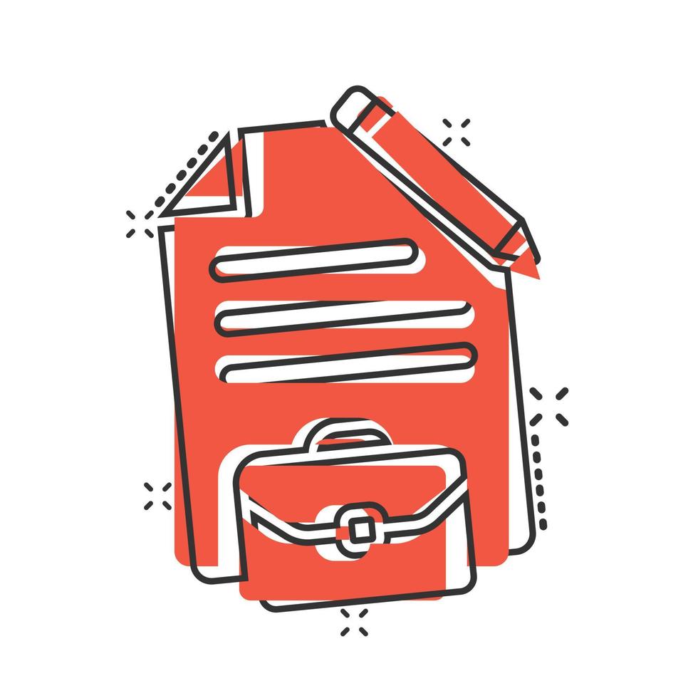 Document note with pen icon in comic style. Paper sheet pencil and briefcase cartoon vector illustration on white background. Notepad document splash effect business concept.