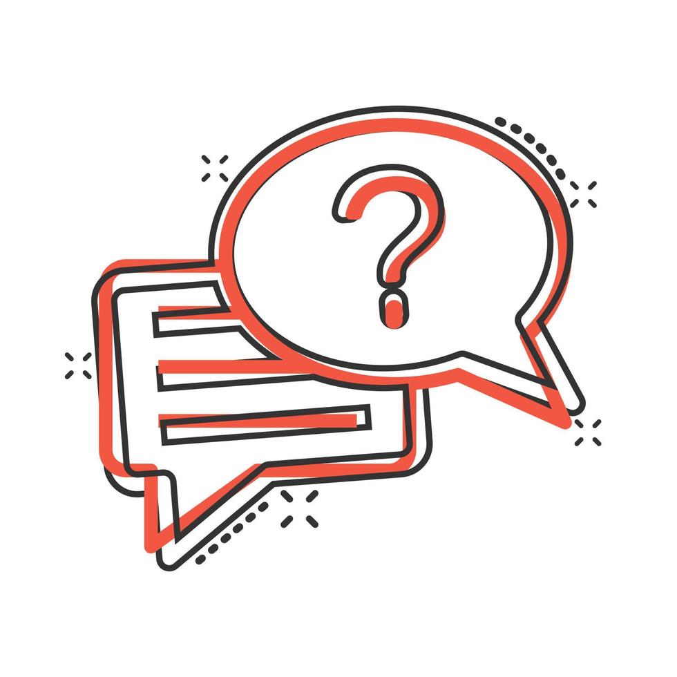 Question mark icon in comic style. Discussion speech bubble cartoon vector illustration on white isolated background. Faq splash effect business concept.