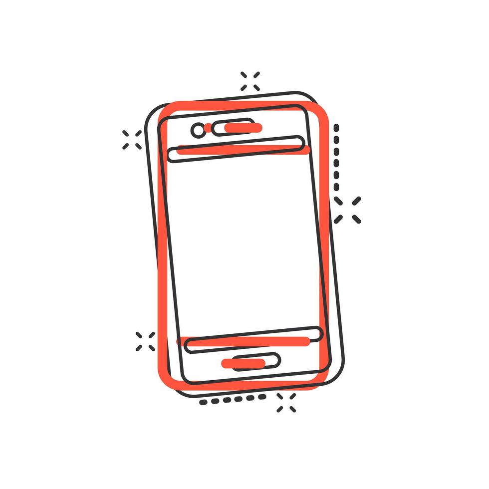 icono de signo de dispositivo de teléfono en estilo cómico. ilustración de dibujos animados de vector de teléfono inteligente sobre fondo blanco aislado. efecto de salpicadura del concepto de negocio telefónico.