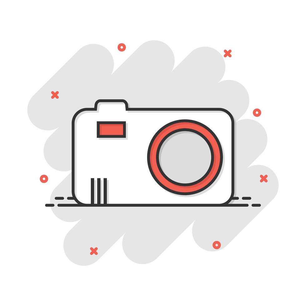 Vector cartoon photo camera icon in comic style. Photographer cam sign illustration pictogram. Camera business splash effect concept.