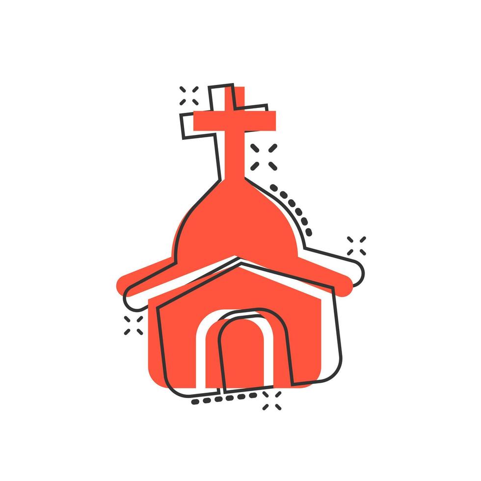 Church icon in comic style. Chapel vector cartoon illustration on white isolated background. Religious building business concept splash effect.