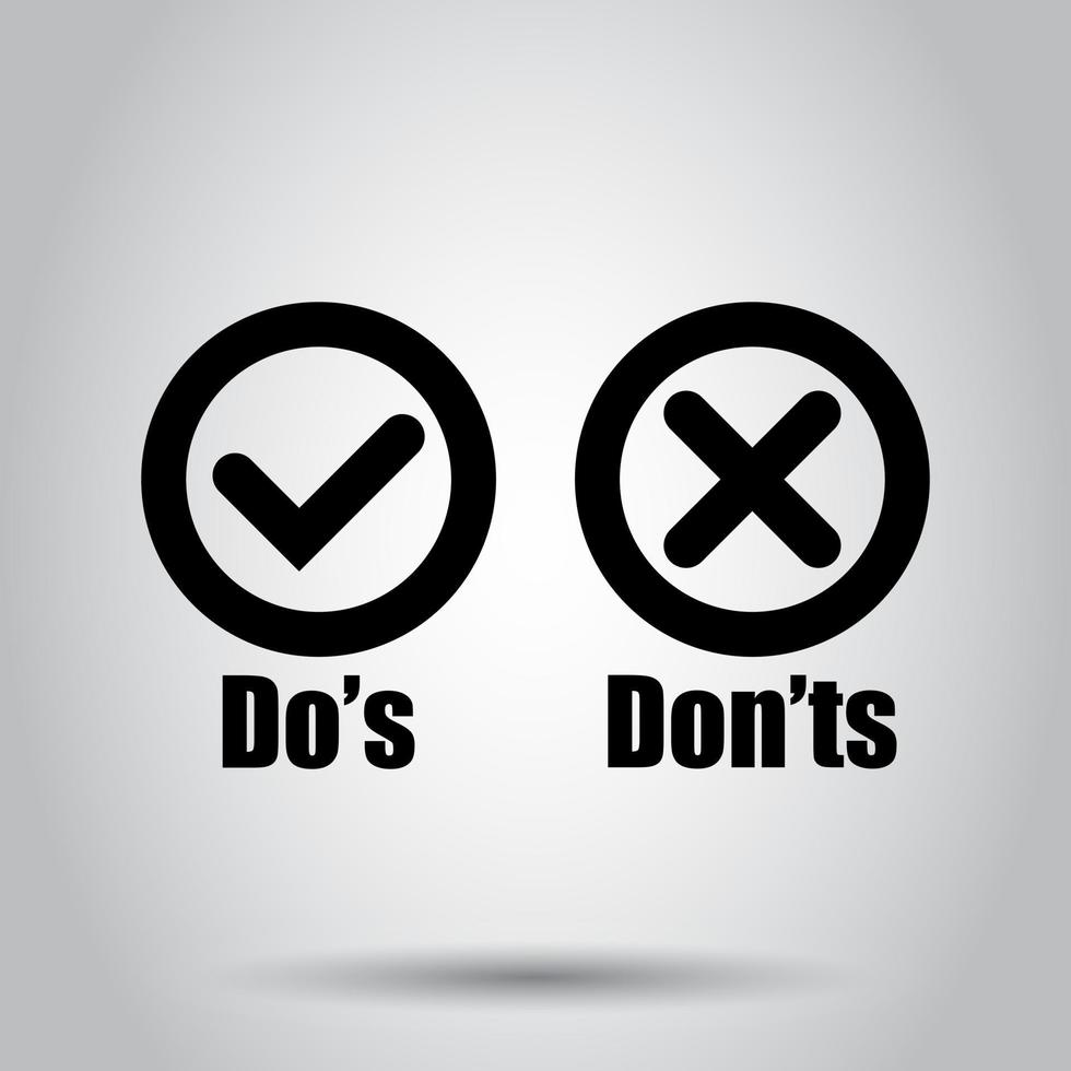 Do's and don'ts sign icon in flat style. Like, unlike vector
