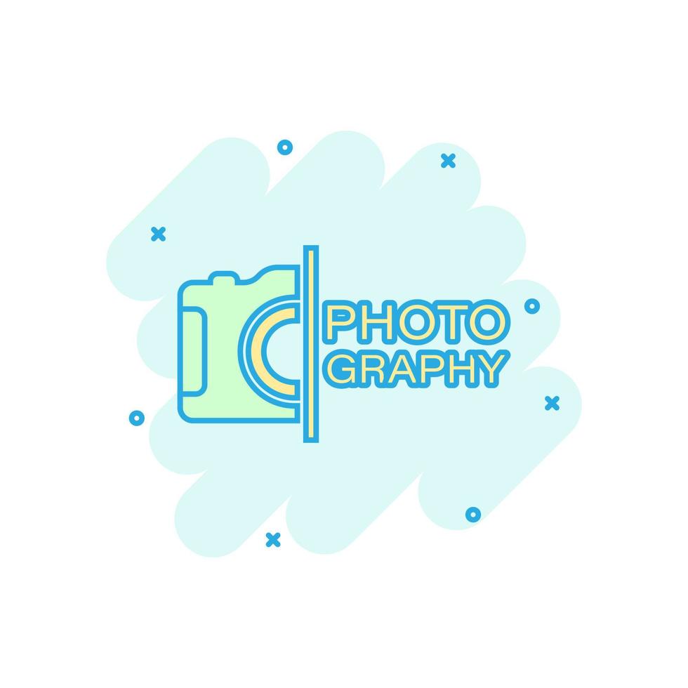 Camera device sign icon in comic style. Photography vector cartoon illustration on white isolated background. Cam equipment business concept splash effect.