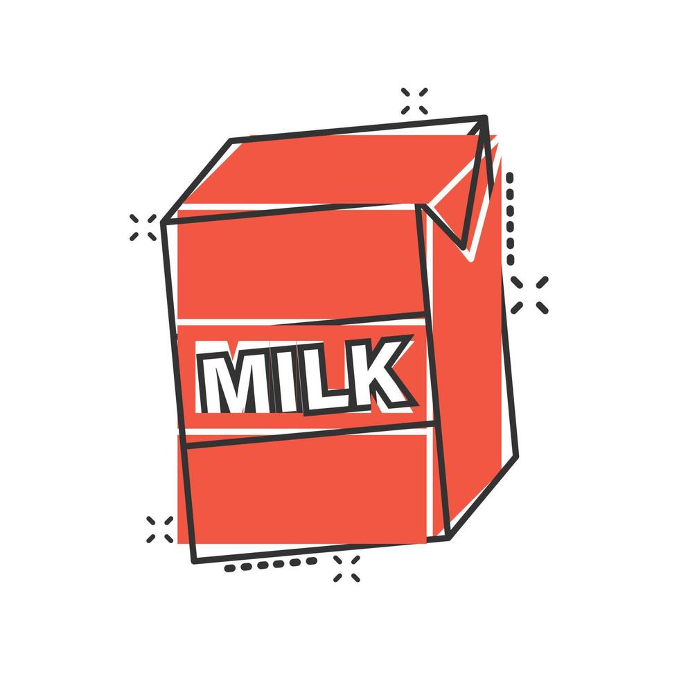 Milk icon in comic style. Milkshake vector illustration on white isolated background. Cartoon funny container splash effect business concept.