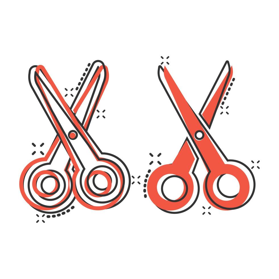 Scissor icon in comic style. Cut equipment cartoon vector illustration on white isolated background. Cutter splash effect business concept.