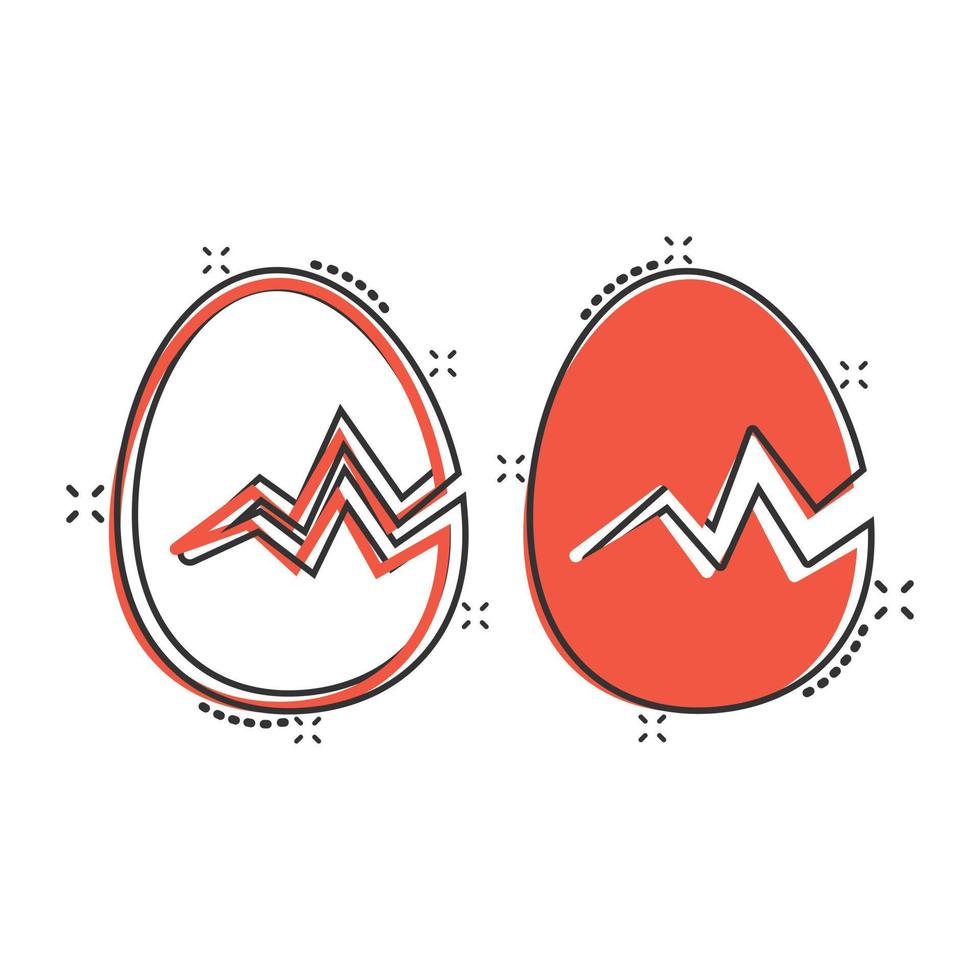 Egg icon in comic style. Breakfast cartoon vector illustration on white isolated background. Eggshell splash effect business concept.