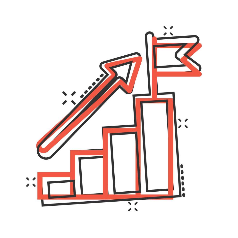 escalera con icono de bandera de acabado en estilo cómico. ilustración de vector de dibujos animados de desafío de liderazgo sobre fondo blanco. concepto de negocio de efecto de salpicadura de crecimiento profesional.