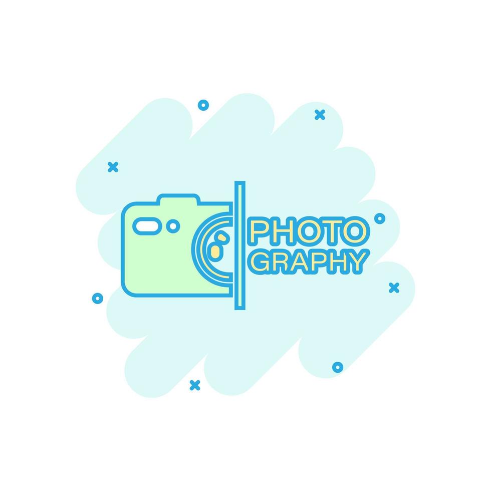 Camera device sign icon in comic style. Photography vector cartoon illustration on white isolated background. Cam equipment business concept splash effect.