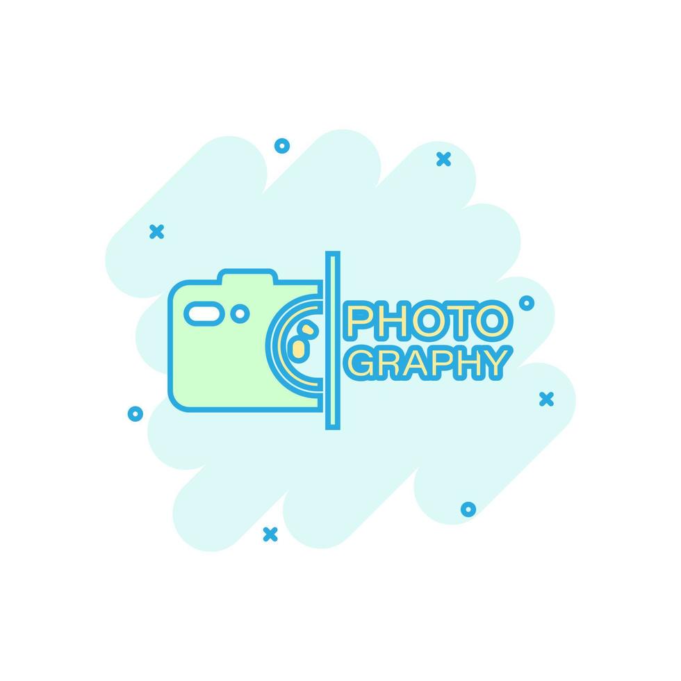 Camera device sign icon in comic style. Photography vector cartoon illustration on white isolated background. Cam equipment business concept splash effect.