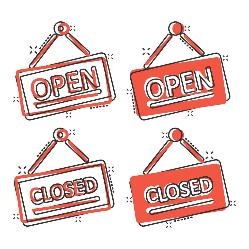 Open, closed sign icon in comic style. Accessibility cartoon vector illustration on white isolated background. Message splash effect business concept.