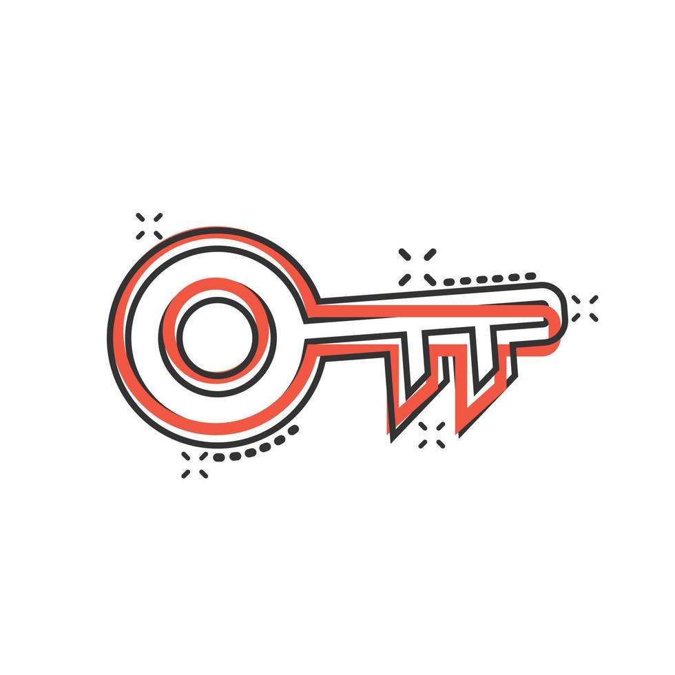 Key icon in comic style. Password cartoon vector illustration on white isolated background. Access splash effect business concept.