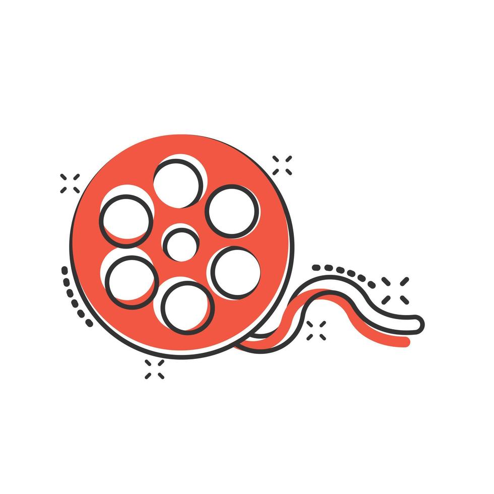 Film icon in comic style. Movie cartoon vector illustration on white isolated background. Video splash effect business concept.