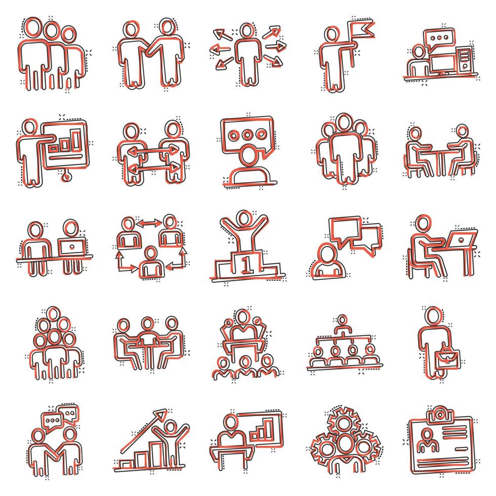 Business communication contour icon set in comic style. Team structure cartoon line vector illustration on white isolated background. Office teamwork linear stroke splash effect business concept.